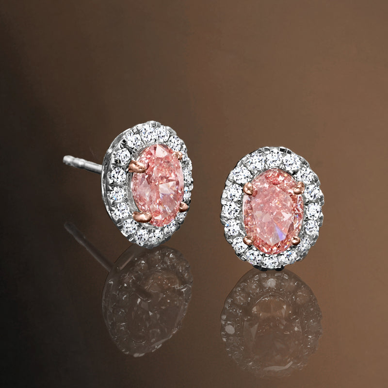 Pink oval diamond studs with round white diamond halo and post backs, 14kt white gold