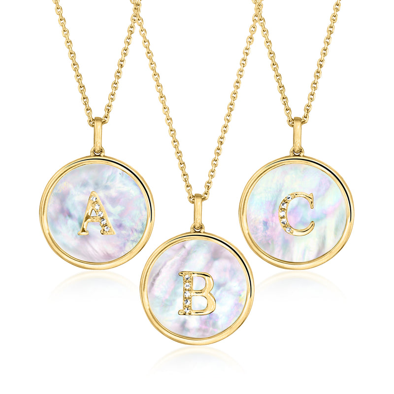 Gold initial mother-of-pearl pendant necklace with A, B, and C round charms