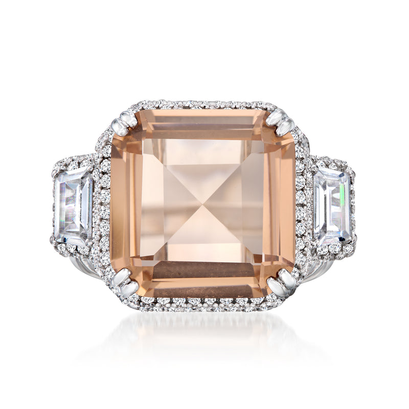 Sterling silver ring with large square peach simulated gemstone and diamond CZ halo