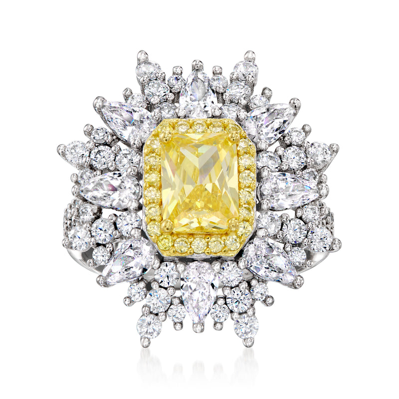 Yellow and clear CZ burst ring with cushion-cut center in sterling silver