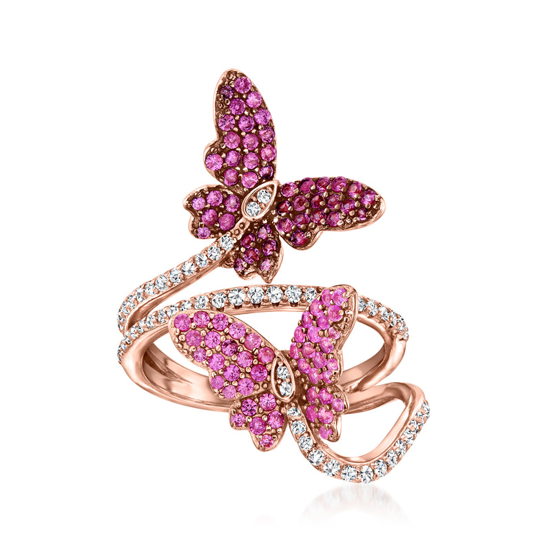 Butterfly bypass ring with simulated pink sapphires and CZ accents in rose gold