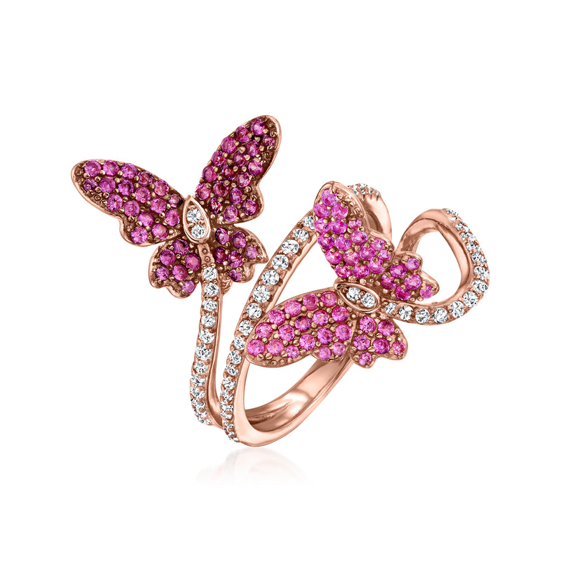 Butterfly bypass ring with pink simulated sapphires and CZs in rose gold tone