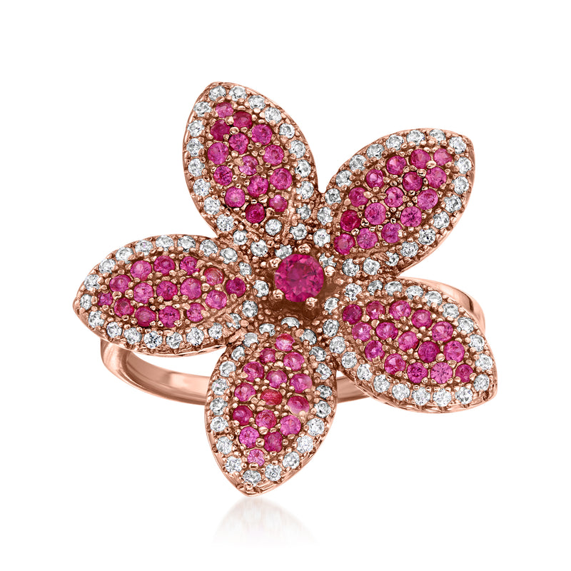 Rose-gold flower ring with pink stones and clear sparkling accents