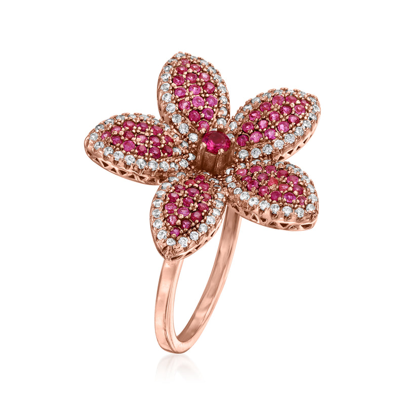 Rose-gold flower ring with pink cluster stones and clear pave edges