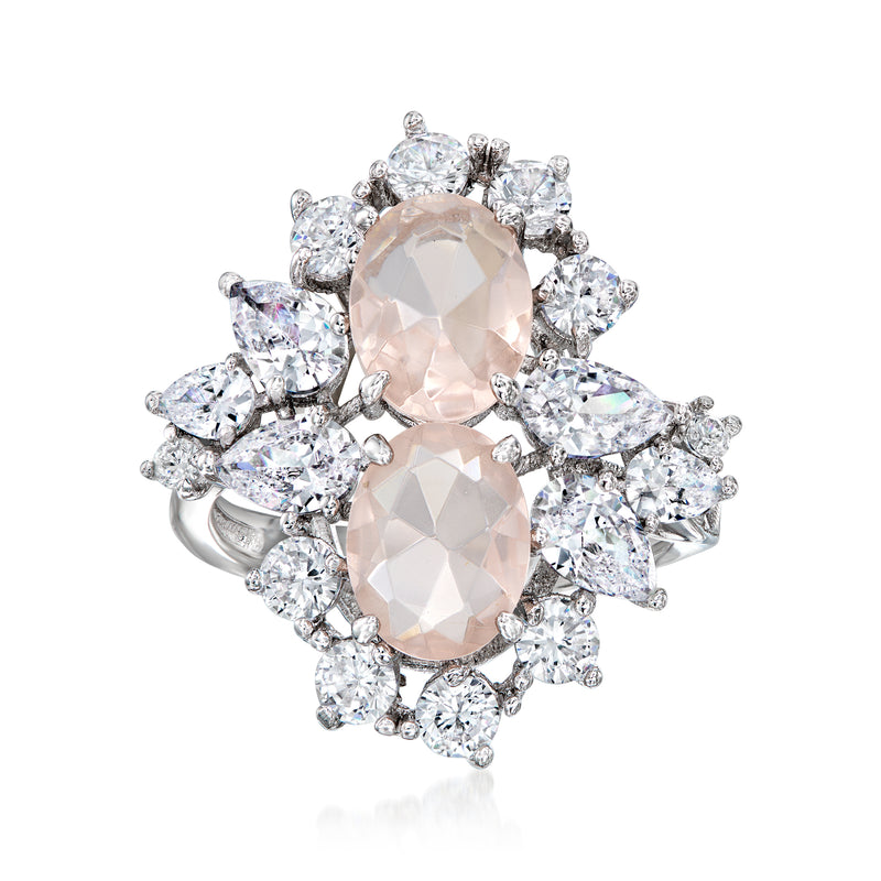Sterling silver ring with pear-cut pink morganite look stone and clear CZ halo