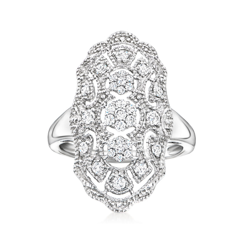 Vintage-style diamond dinner ring in sterling silver, ornate oval halo