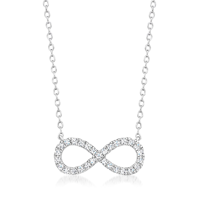 Sterling silver infinity necklace with round-cut diamond accents, linked chain