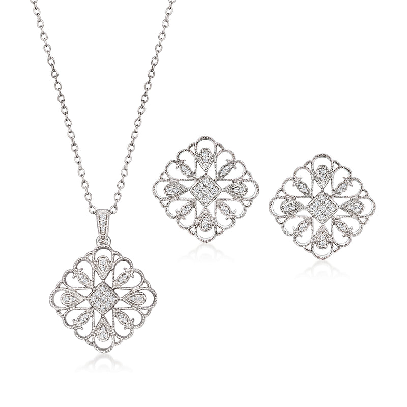 Sterling silver diamond floral pendant necklace with matching stud earrings set