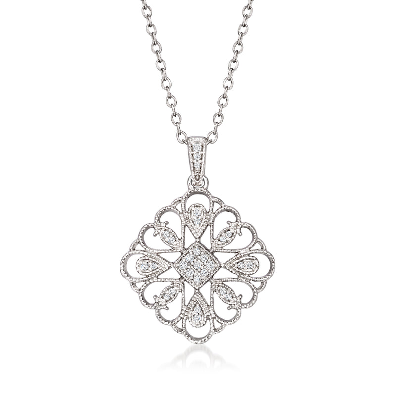 Sterling silver diamond floral pendant necklace, geometric filigree design