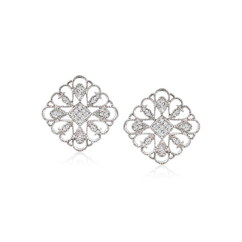 Sterling silver diamond floral stud earrings, geometric lattice petals