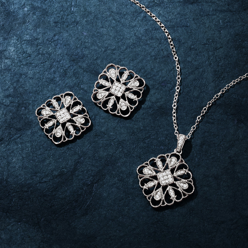 Sterling silver diamond floral pendant necklace with stud earrings set