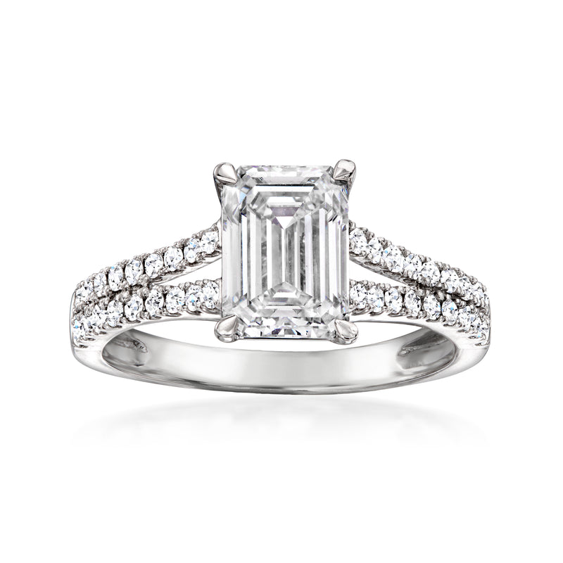 14kt white gold ring with emerald-cut lab-grown diamond and pavé split shank