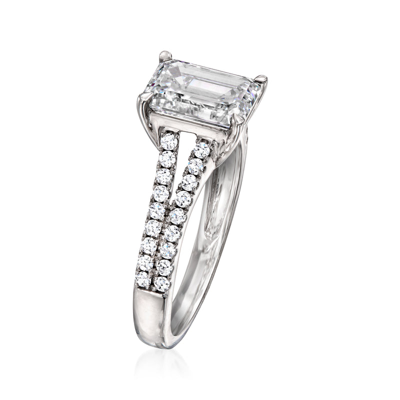 14kt white gold lab-grown diamond ring with emerald-cut center and pavé shoulders