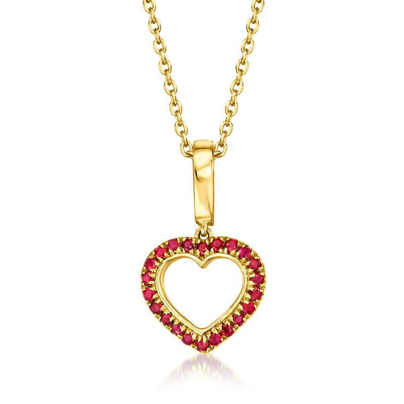 Gold heart pendant necklace with ruby-red stone halo and heart cutout