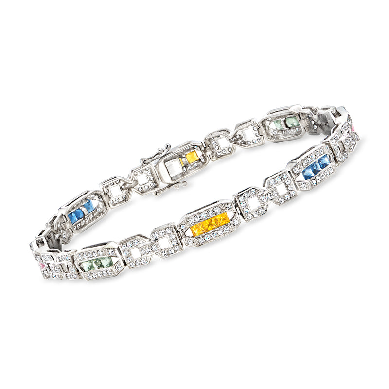 18kt white gold bracelet with multicolored square sapphires and diamond accents