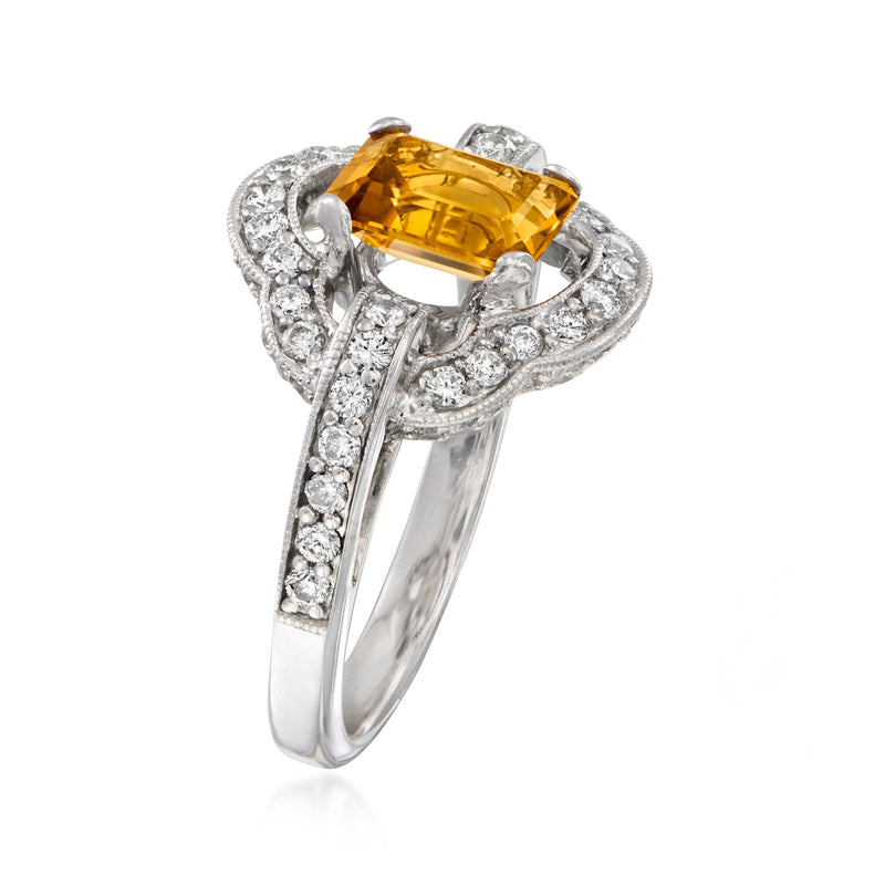 Vintage 18kt white gold ring with rectangular citrine and diamond halo