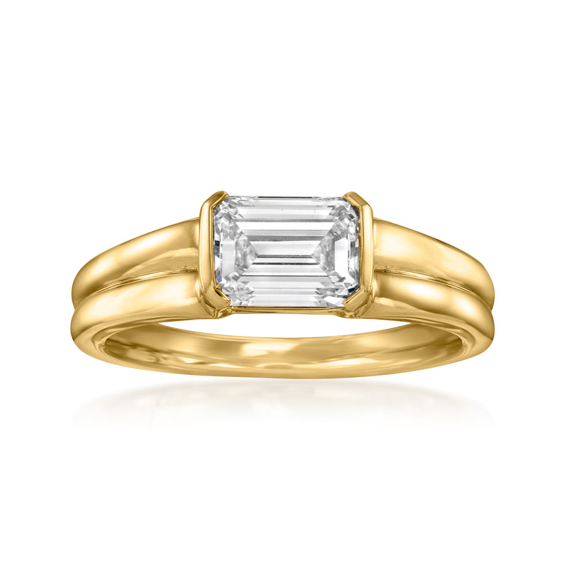 14kt yellow gold emerald-cut lab-grown diamond ring, rectangular clear stone