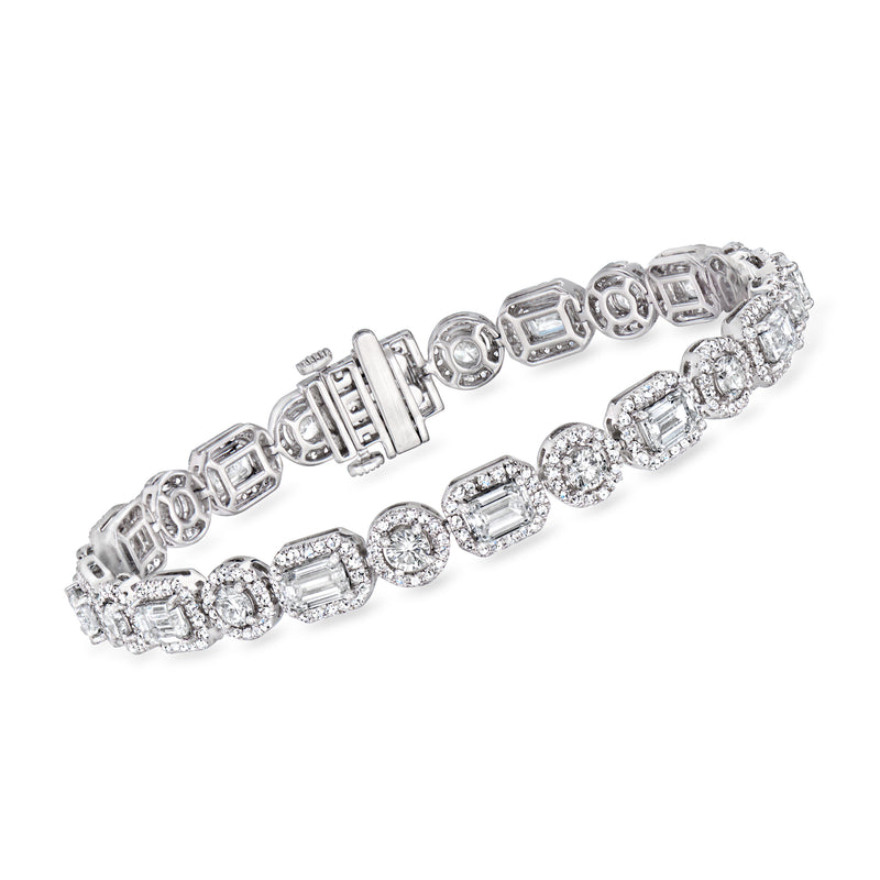 14kt white gold diamond tennis bracelet with round and emerald-cut stones
