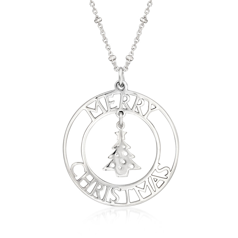 Sterling silver pendant necklace with circular Merry Christmas text and tree charm