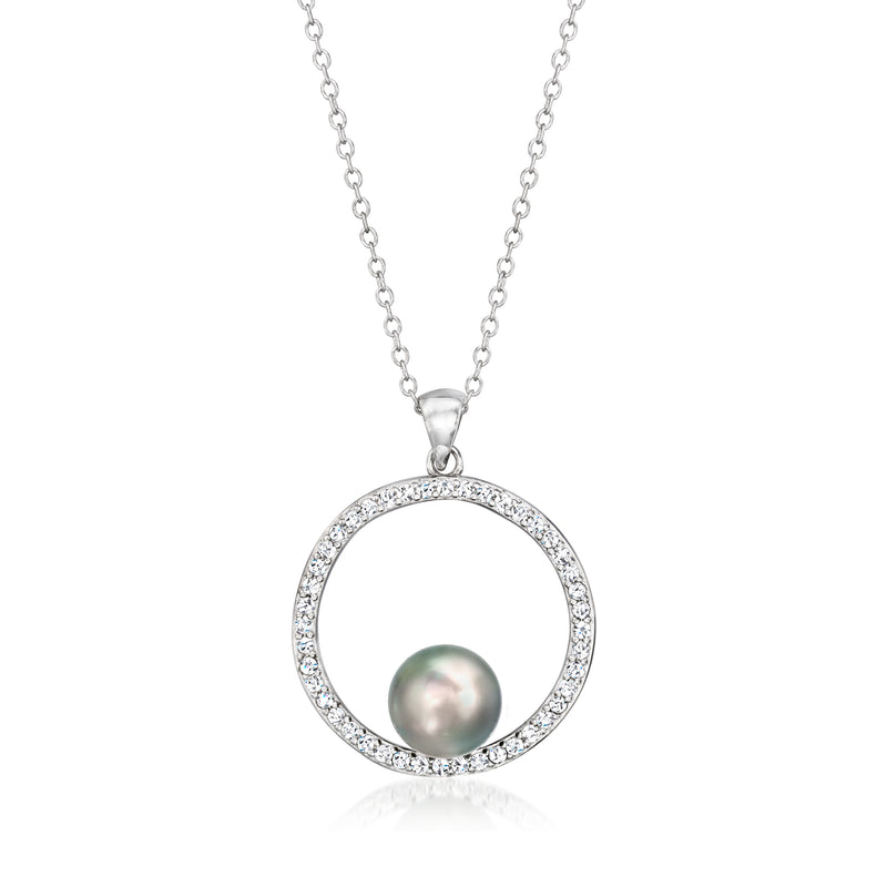 Sterling silver circle pendant necklace with pave topaz stones and dark Tahitian pearl