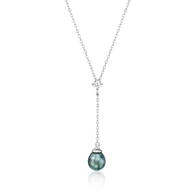 Sterling silver Y-necklace with iridescent black cultured pearl pendant and sparkle topaz detail