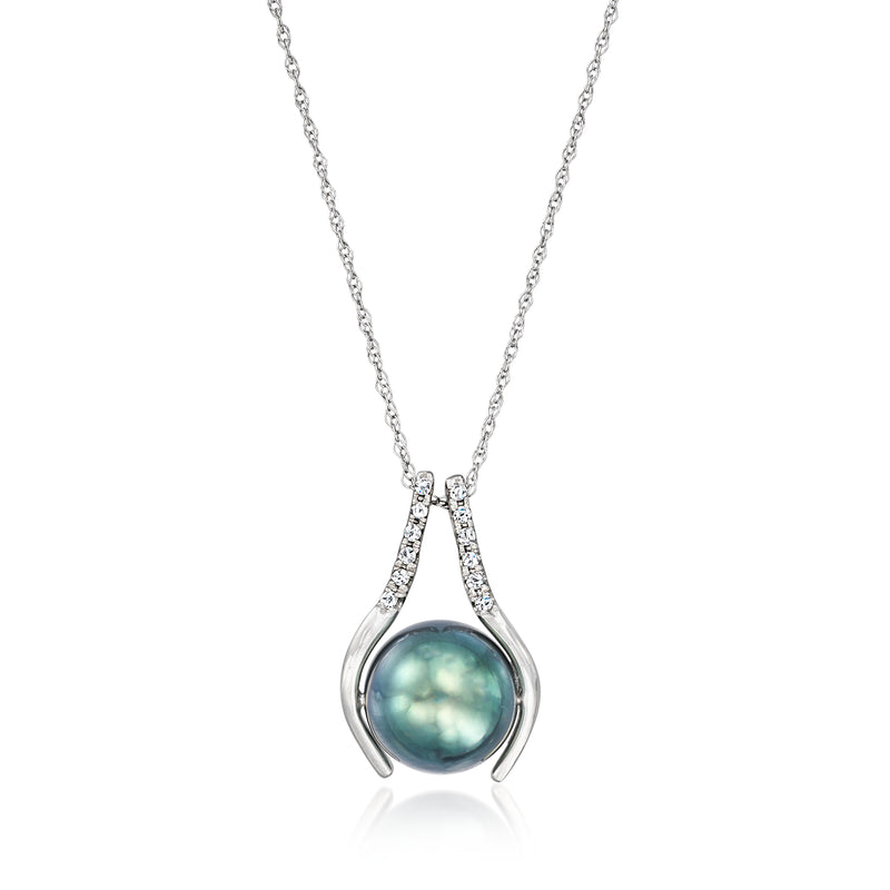 White gold pendant necklace with dark green round pearl and V-shaped diamond accents