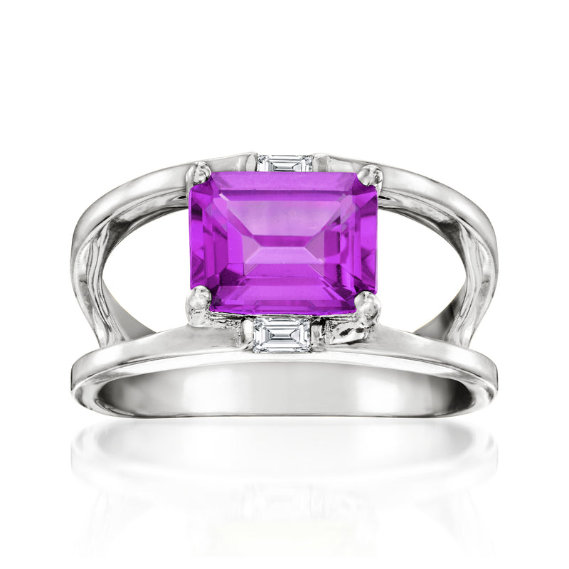 Sterling silver open-space ring with purple amethyst square center and white topaz accents