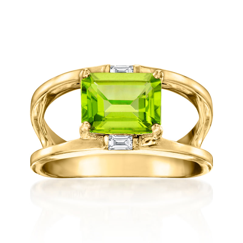 Gold open-space ring with square peridot-green center and white topaz side accents