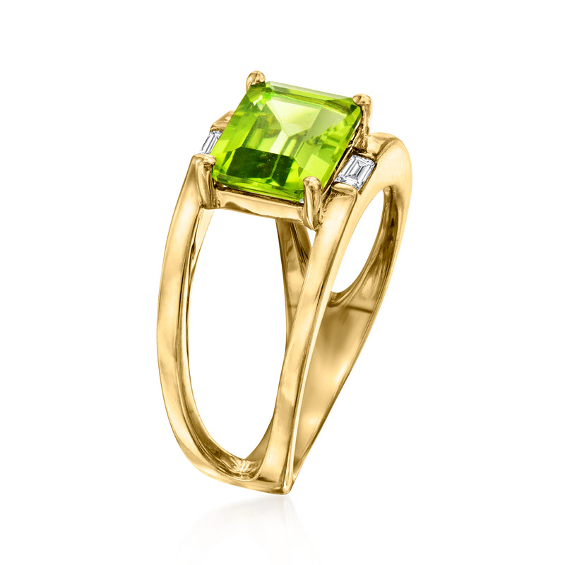 Gold open-space ring with large square peridot-green stone and white topaz corner accents