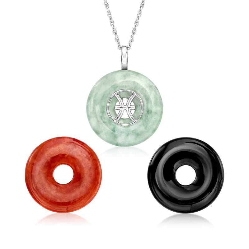 Sterling silver interchangeable zodiac pendant necklace with jade, red, and black stone discs
