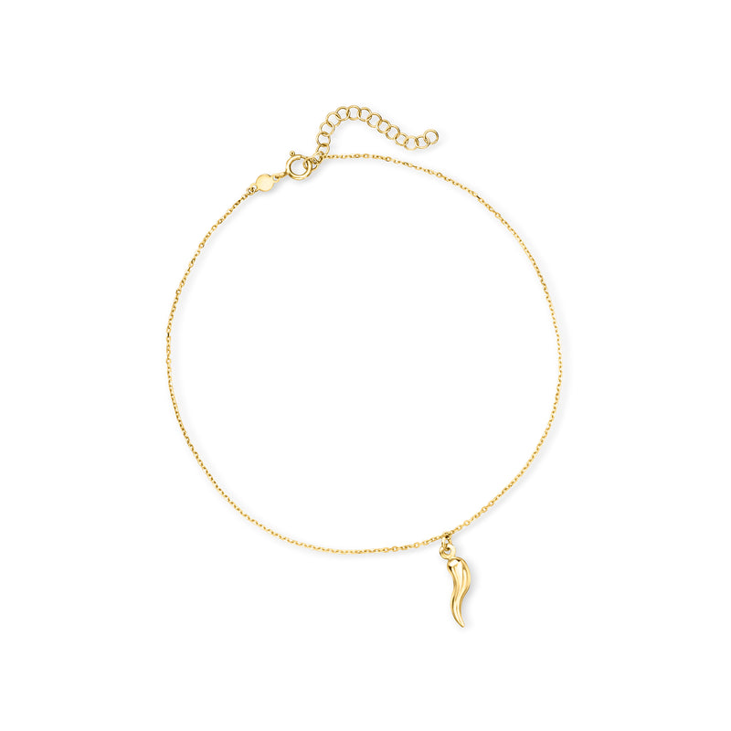 Yellow gold horn anklet with small curved horn charm and fine link chain
