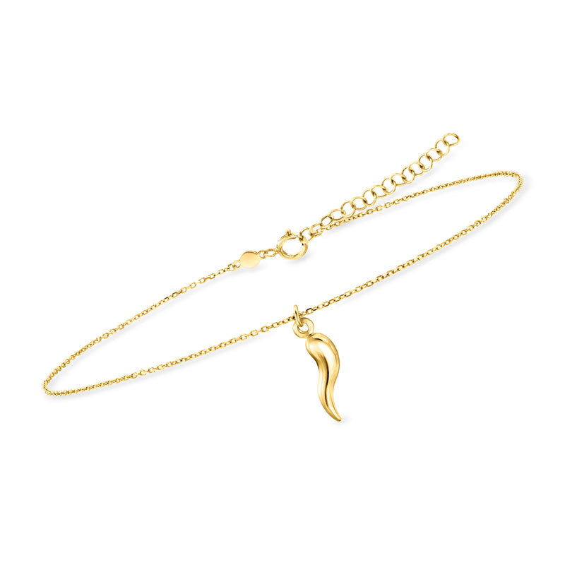 Yellow gold horn anklet with curved horn charm, spring-ring clasp, and fine chain