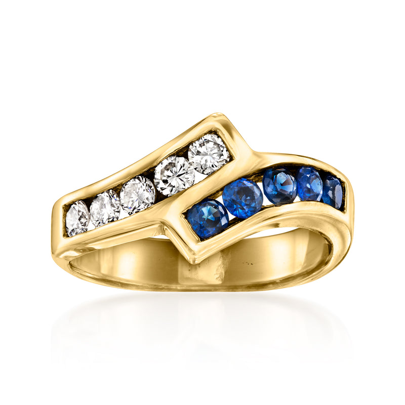 14kt yellow gold bypass ring with blue sapphire and diamond accents
