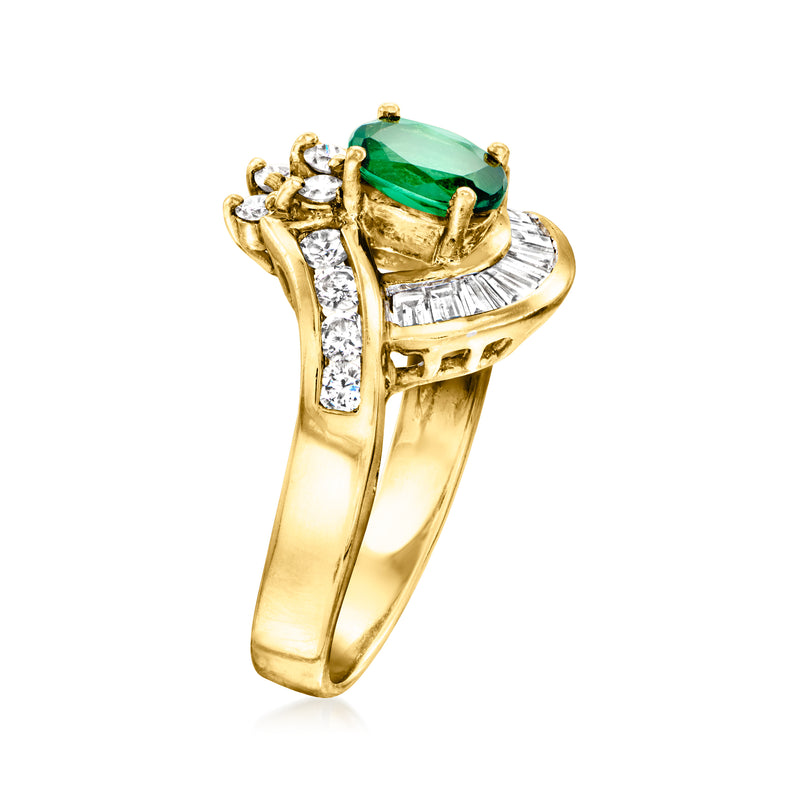 Green tourmaline prong-set in a yellow gold ring with diamond side accents