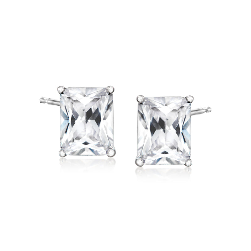 Sterling silver CZ stud earrings with square clear gemstone, prong-set