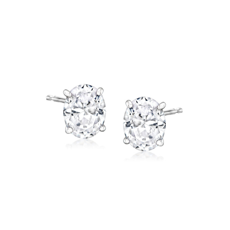 Oval CZ stud earrings in sterling silver, clear stones with prong settings
