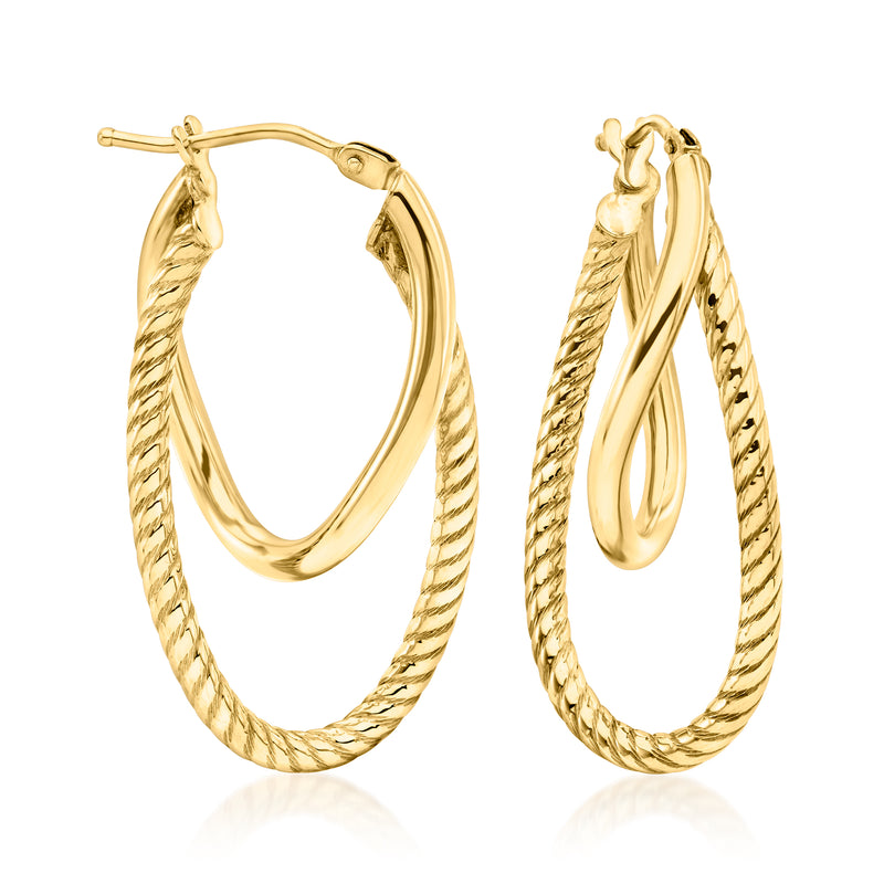 Yellow gold double-oval hoop drop earrings with twisted rope texture