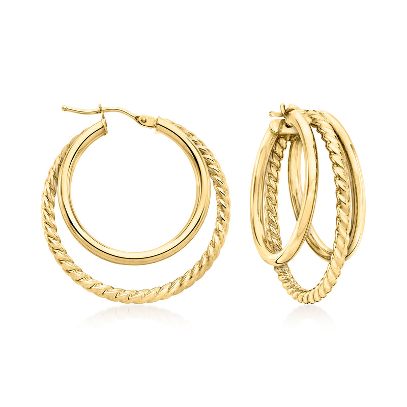 Triple-hoop yellow gold hoop earrings with braided outer hoops and hinge closure