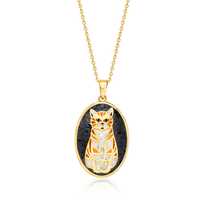 Gold-tone cat mosaic pendant necklace with black enamel and white cat detail
