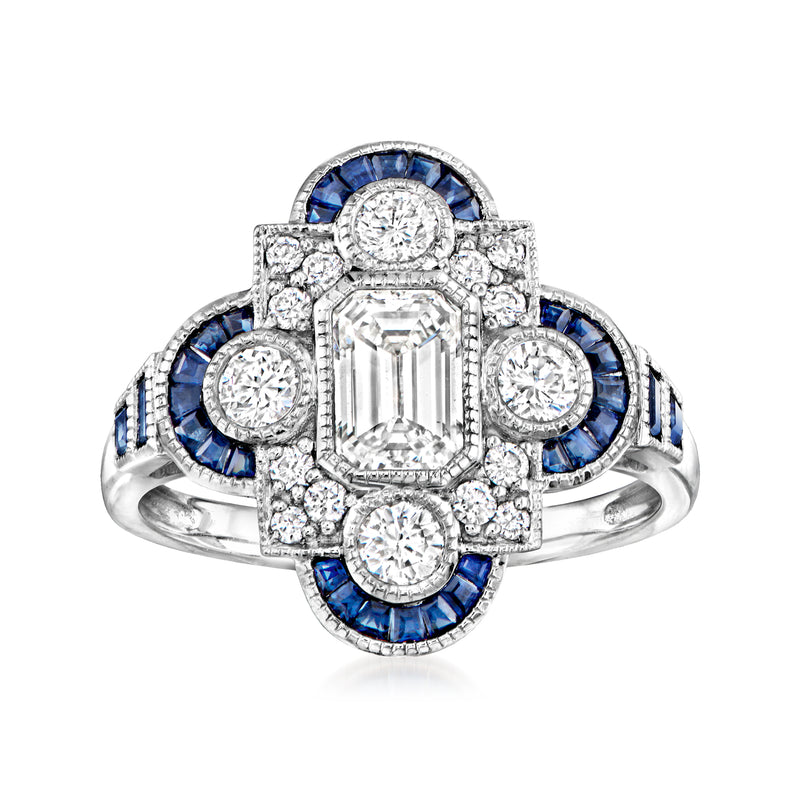 Vintage platinum ring with diamond center and blue sapphire halo, side stones.