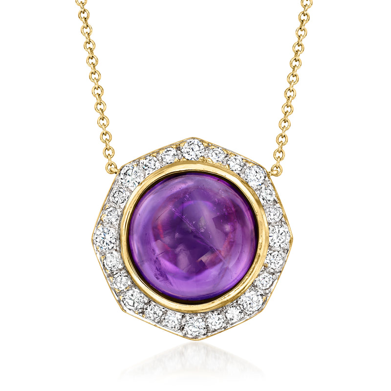 Amethyst and diamond halo gold pendant necklace with oval faceted amethyst center