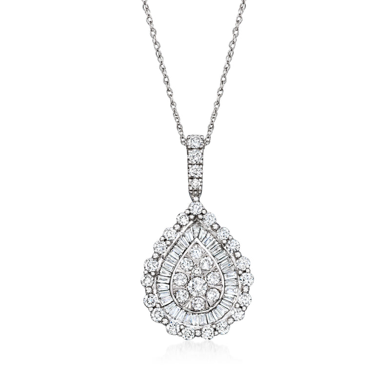 14kt white gold diamond pendant necklace with pear-shaped drop and halo