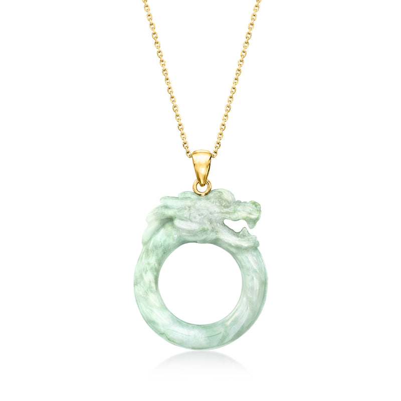 Jade dragon pendant necklace with gold chain and round jade dragon pendant