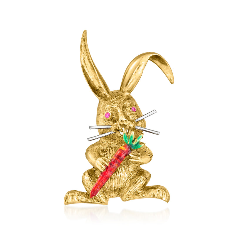 Vintage yellow gold rabbit pin with multicolored enamel and ruby-like pink stones