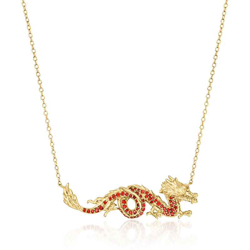 Garnet dragon pendant necklace with red stone eyes, 18kt gold over sterling chain