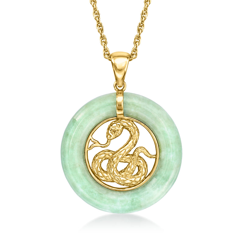 Round green jade snake pendant on 18kt gold over sterling chain