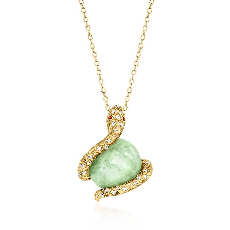 Gold-tone snake pendant necklace with green jade cabochon and gem-studded coils