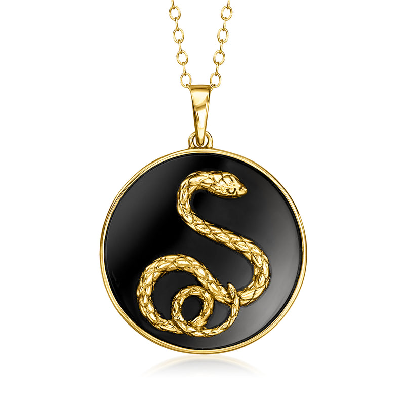 Gold-tone snake pendant necklace with round black agate centerpiece and chain