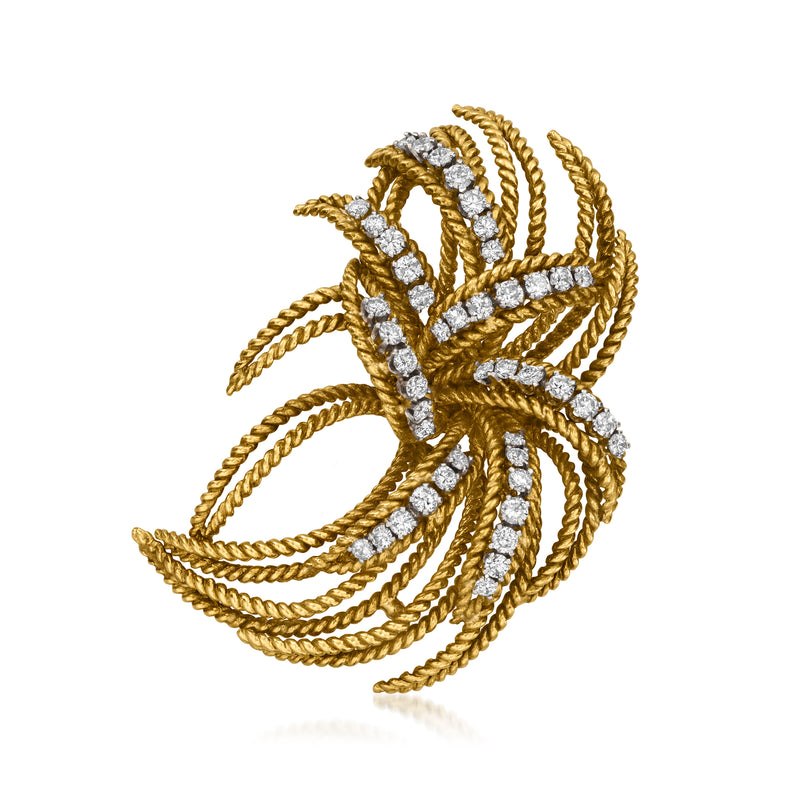 18kt yellow gold diamond burst pin with swirling strands and oval diamond accents