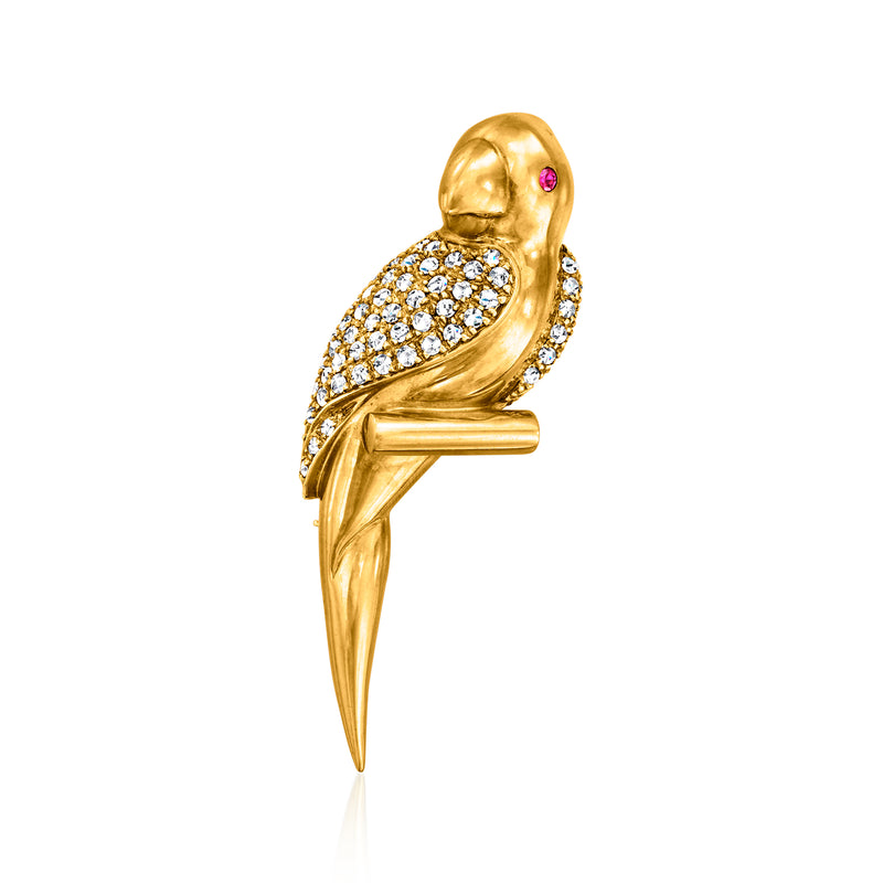 Vintage diamond parrot pin in 18kt yellow gold with ruby eye